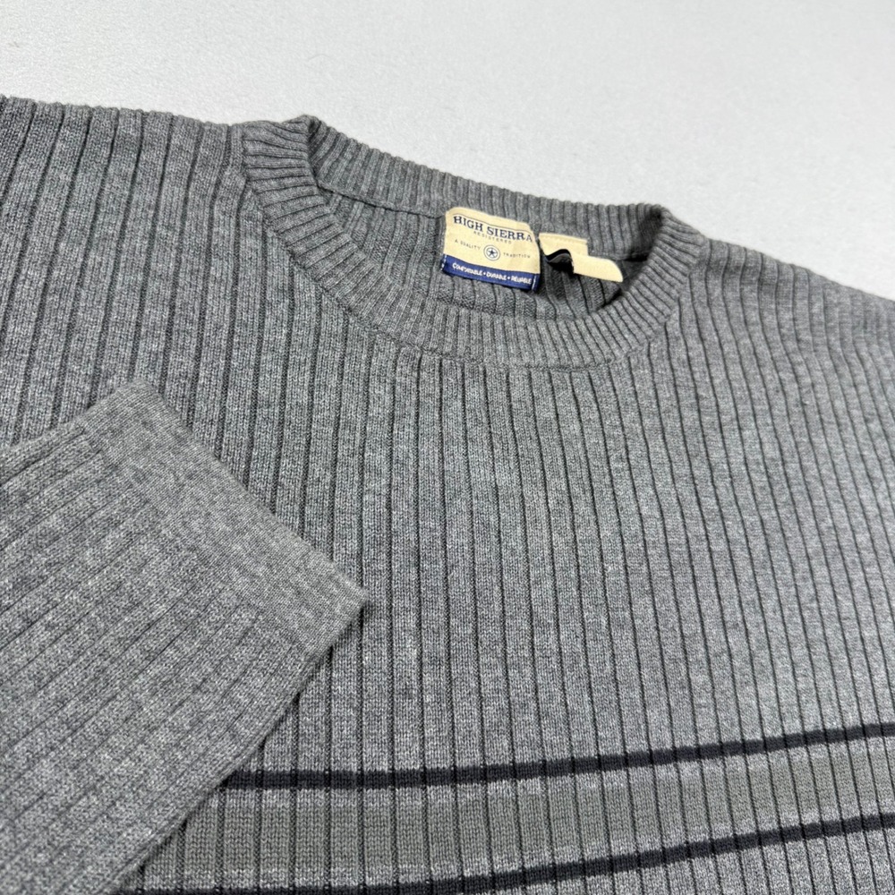 High Sierra Mens XXL Grey Ribbed Knit Cotton Crewneck Sweater Stripe Accent
